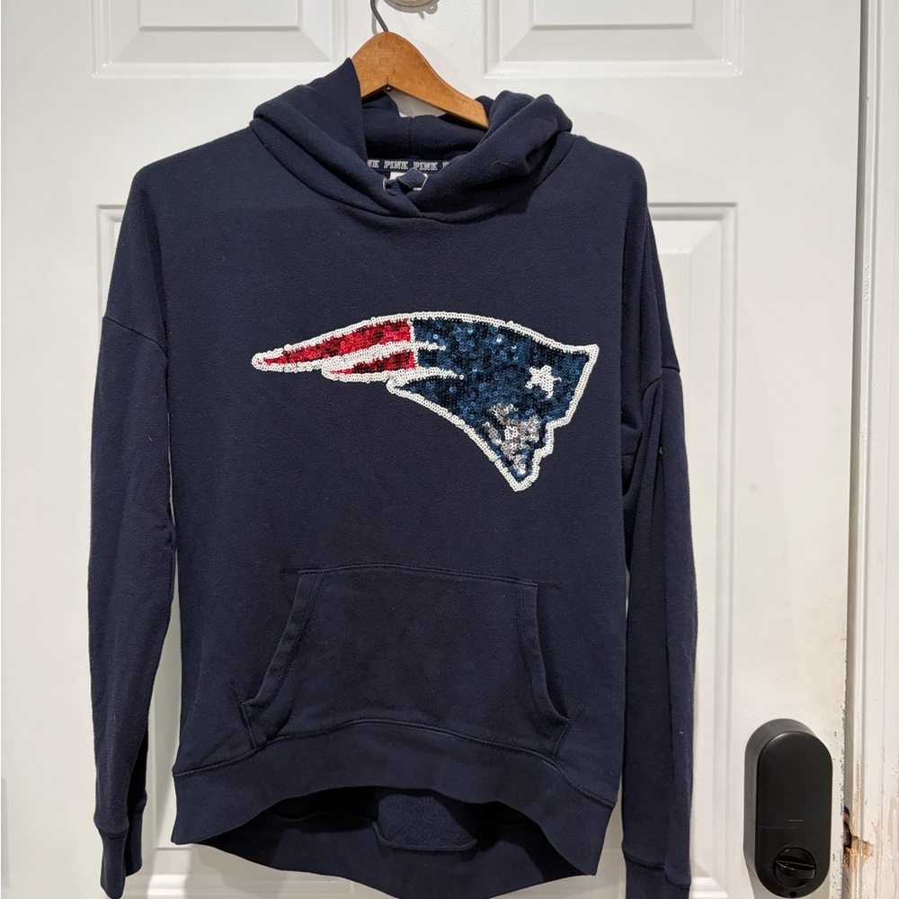 PINK by Victoria's Secret Navy Hoodie with Sequin New England Patriots Logo, XS